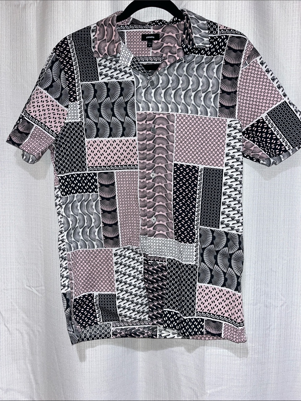 Express Men's Patchwork Print Short-Sleeve Shirt - Pink, Black, White